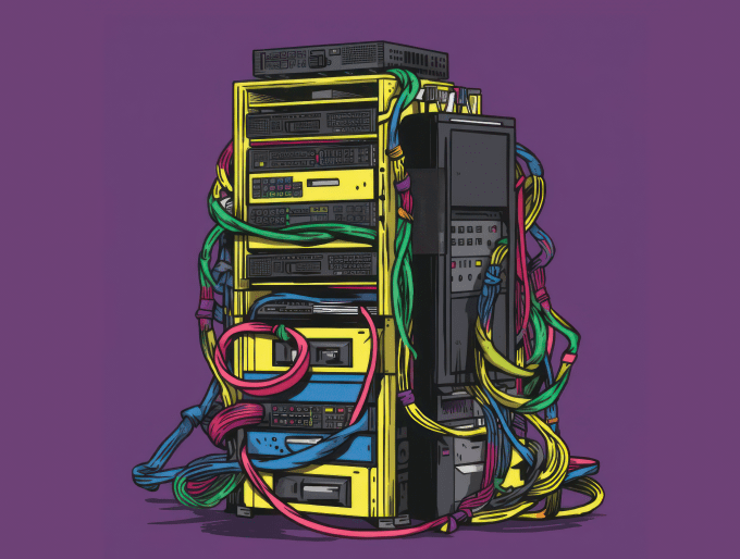 The meme is a humorous illustration of a server room, but instead of a normal server, it's a giant, chaotic mess of cables and equipment. The image is captioned "when you finally get the internet to work" and features a messy, tangled mess of cables, with one cable labeled "you".
